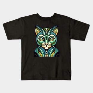 Deco Feline Fusion: Bold Geometric Cat in Fresh Colors Kids T-Shirt